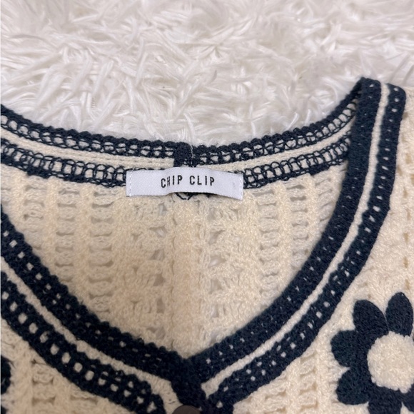 Chip Clip Sweater Vest Navy Blue flower Sweater Vest Cream Button Up knit vest - Picture 4 of 6